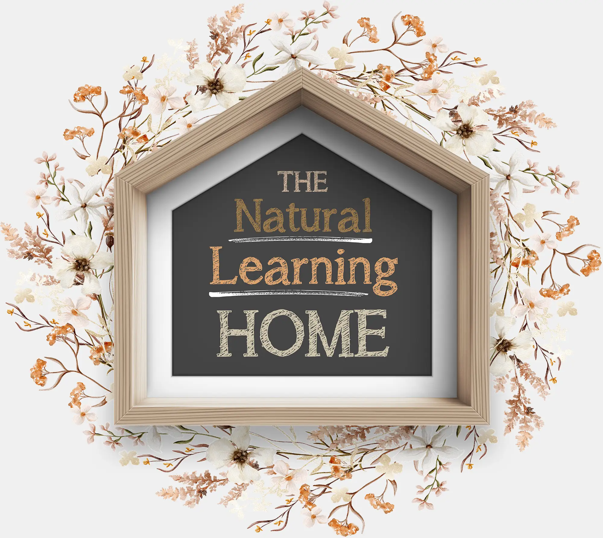 A chalkboard inside a house-shaped wooden frame surrounded by a watercolor flower wreath, reading "THE Natural Learning HOME" in chalk text.