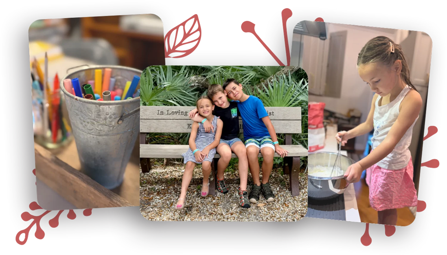 Photo collage showing markers in a tin, three children sitting on a park bench, and a young girl whisking ingredients in a bowl.