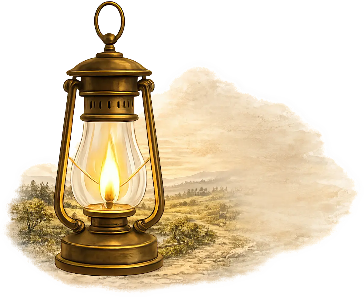 A lit brass lantern set against a faded, sepia-toned illustration of a countryside landscape with a dirt road and rolling hills.