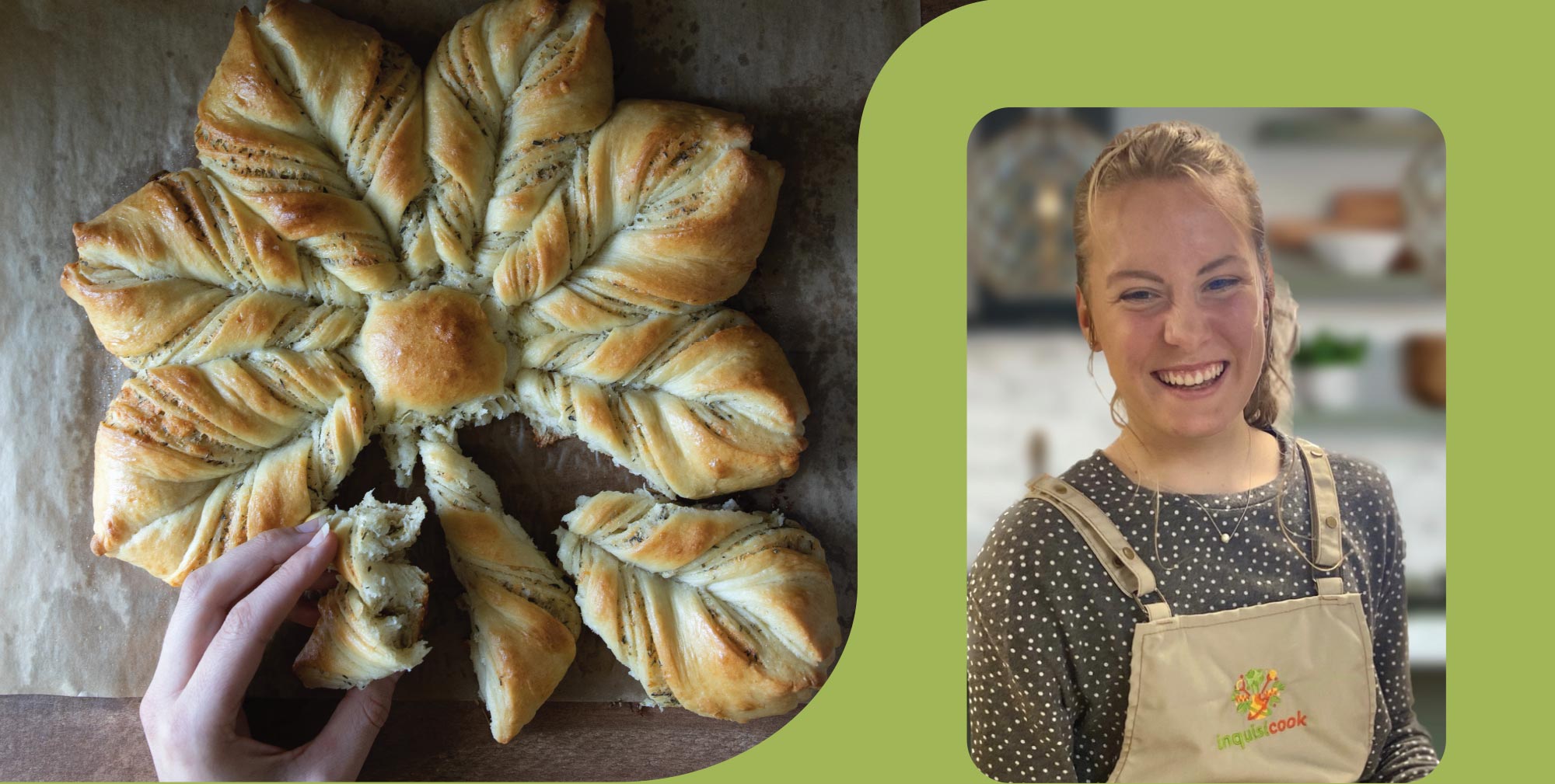 Split-panel image showing hands pulling a piece off a star-shaped pastry alongside a smiling young woman wearing an apron.